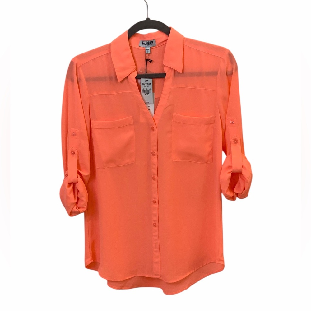 Express Slim Fit Portofino Shirt Convertible Roll Sleeve Women Button Blouse NWT